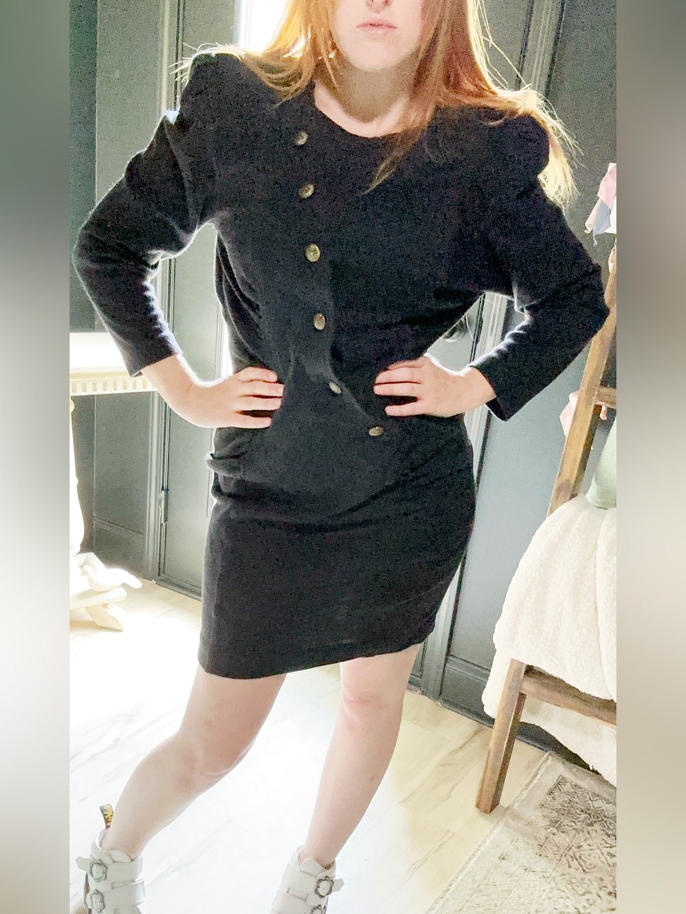 Vintage-Inspired Black Long Sleeve Button-Accent Dress